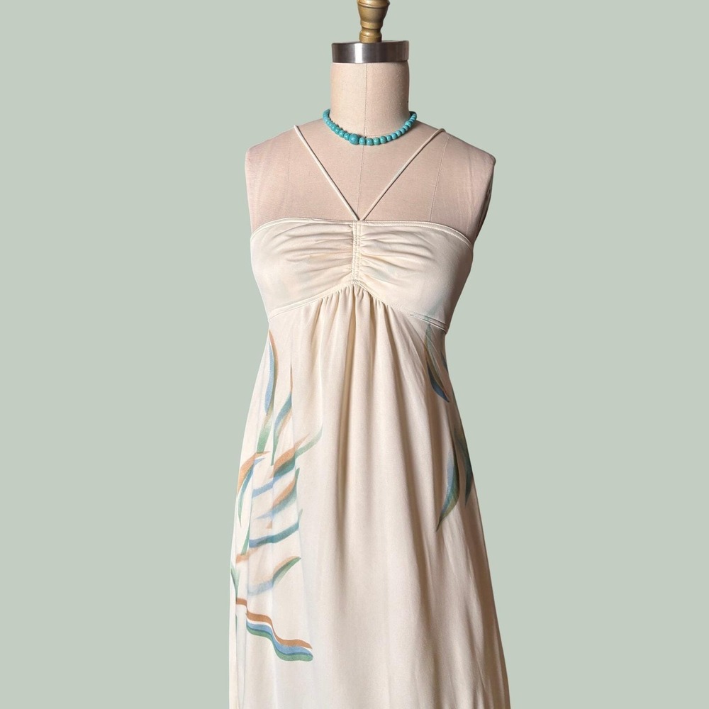 Boho Empire Waist Rare Maxi Dress Abstract Leaf Print S Cream Vintage - Picture 7 of 10